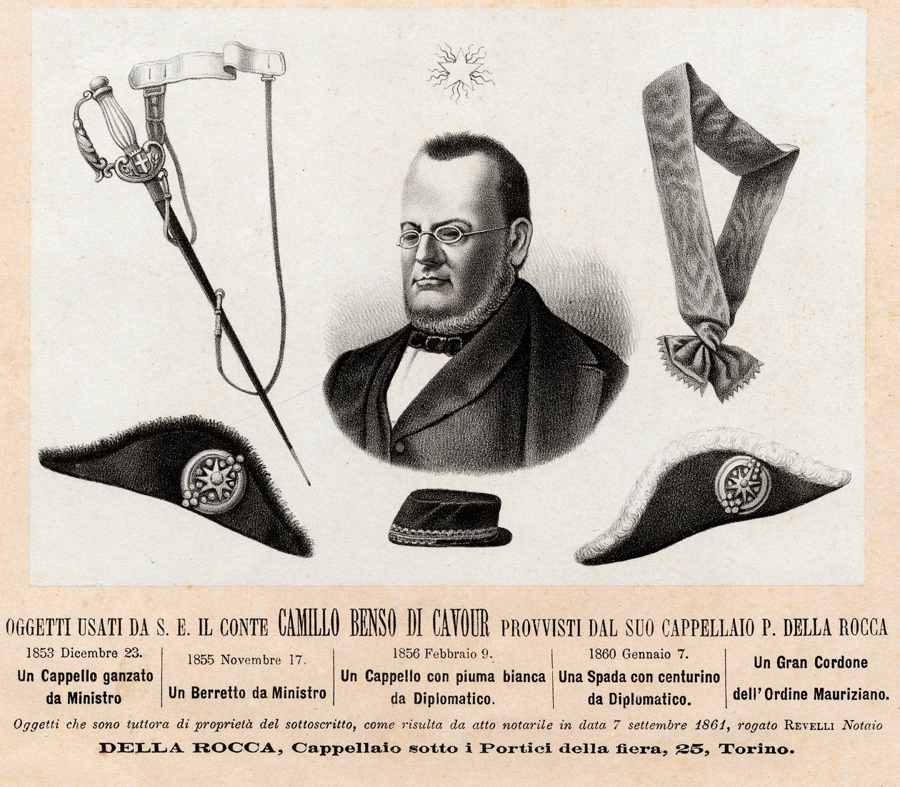 Genstande brugt af Camillo Benso conte di Cavour (1810-1861) - hatte og insignier af hans politiske og diplomatiske funktioner, med den store snor af Saint Maurice og Saint Lazarus orden (Ordine dei Santi Maurizio e Lazzaro) - Gravering 1800-tallet af Italian School