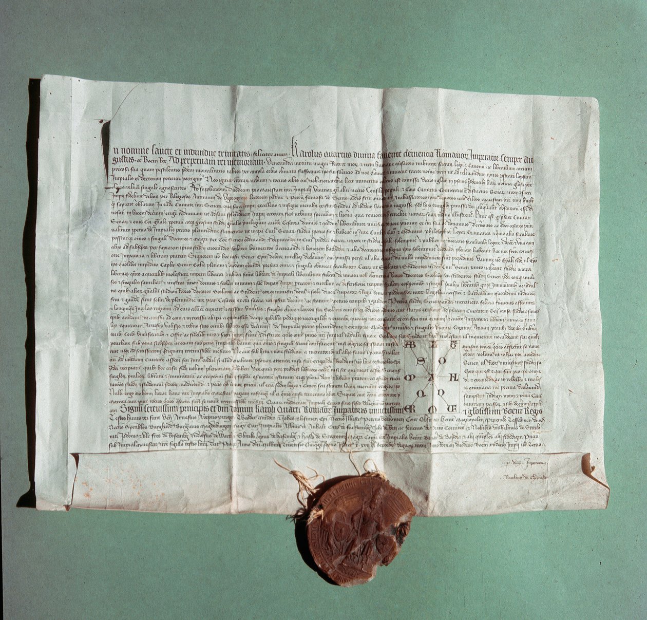 Officielt dokument fra kejser Charles IV (1316-1378), der officielt bekræfter Sienas universitet (Universita di Siena) som det generelle studie"" af Italian School