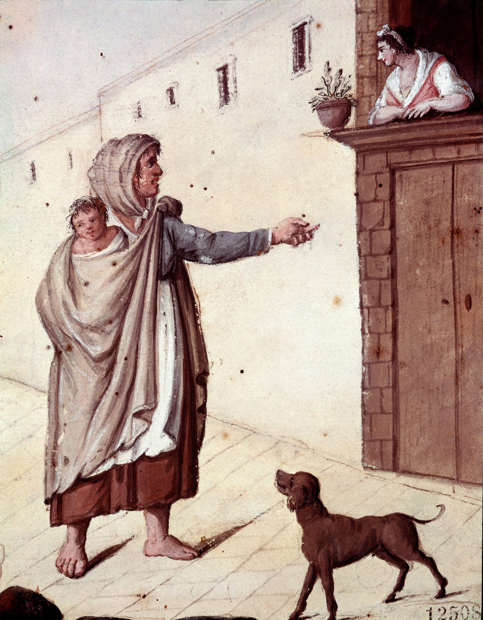 Gamle napolitanske metiers: en tigger og hendes barn i gaderne i Napoli - (Gamle napolitanske handler: en tigger) Akvarel fra det 19. århundrede - Napoli Museo Nazionale di San Martino af Italian School