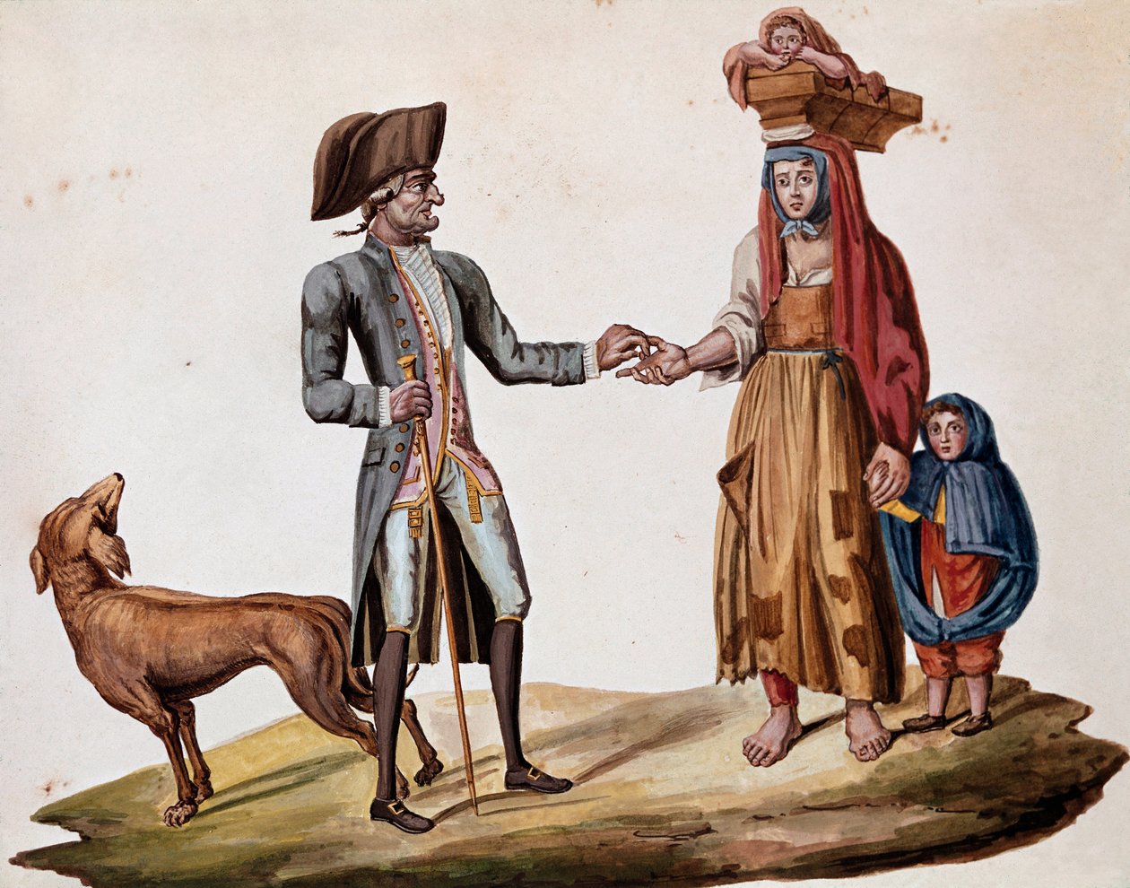 Gamle napolitanske metiers: en adelsmand giver en mønt til en palmiscian - (Gamle napolitanske handler: en rig mand giver penge til en fattig fortæller) Akvarel fra det 19. århundrede - Napoli Museo Nazionale di San Martino af Italian School