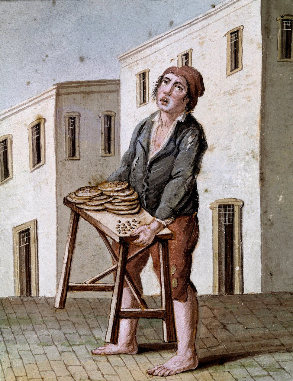 Gamle napolitanske metiers: en pizzasælger - akvarel fra det 19. århundrede - Napoli National Museum of San Martino af Italian School