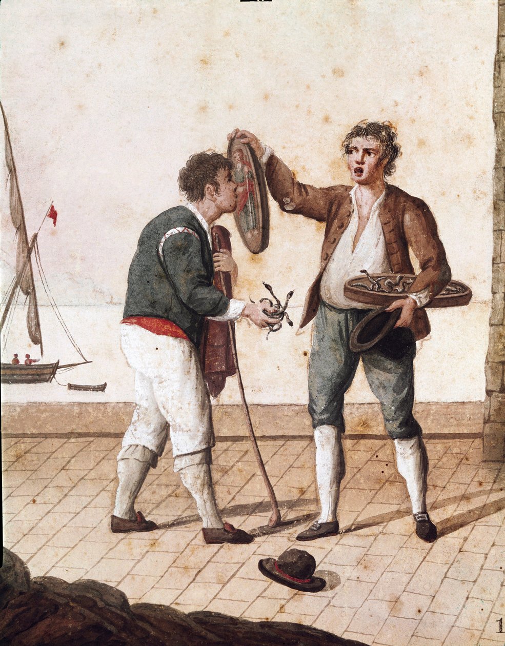 Gamle napolitanske metiers: sælgere af små slanger - (Gamle napolitanske fag: sælger af græsslanger) Akvarel fra det 19. århundrede - Napoli Museo Nazionale di San Martino af Italian School