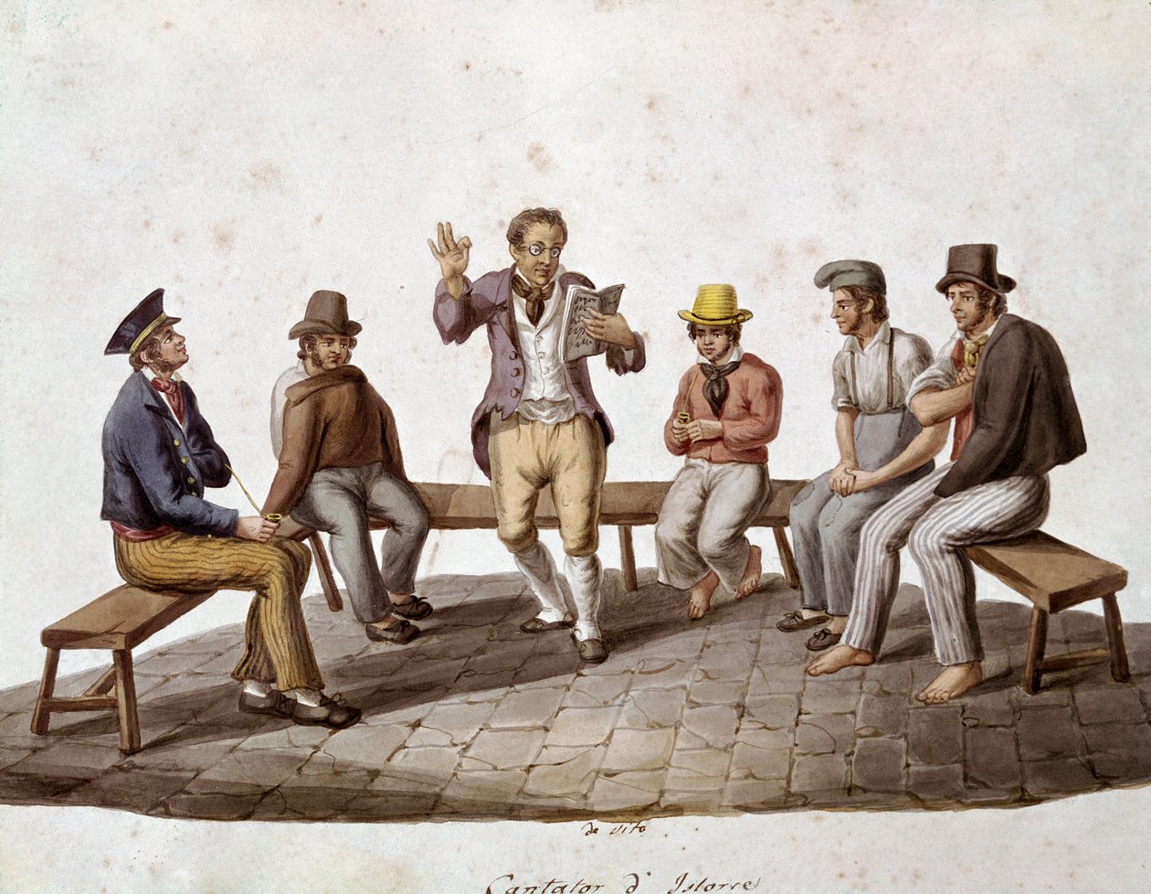 Gamle napolitanske metiers: den rejsende læser eller balladesanger - (Gamle napolitanske fag: en historiefortæller) Akvarel fra det 19. århundrede - Napoli Museo Nazionale di San Martino af Italian School