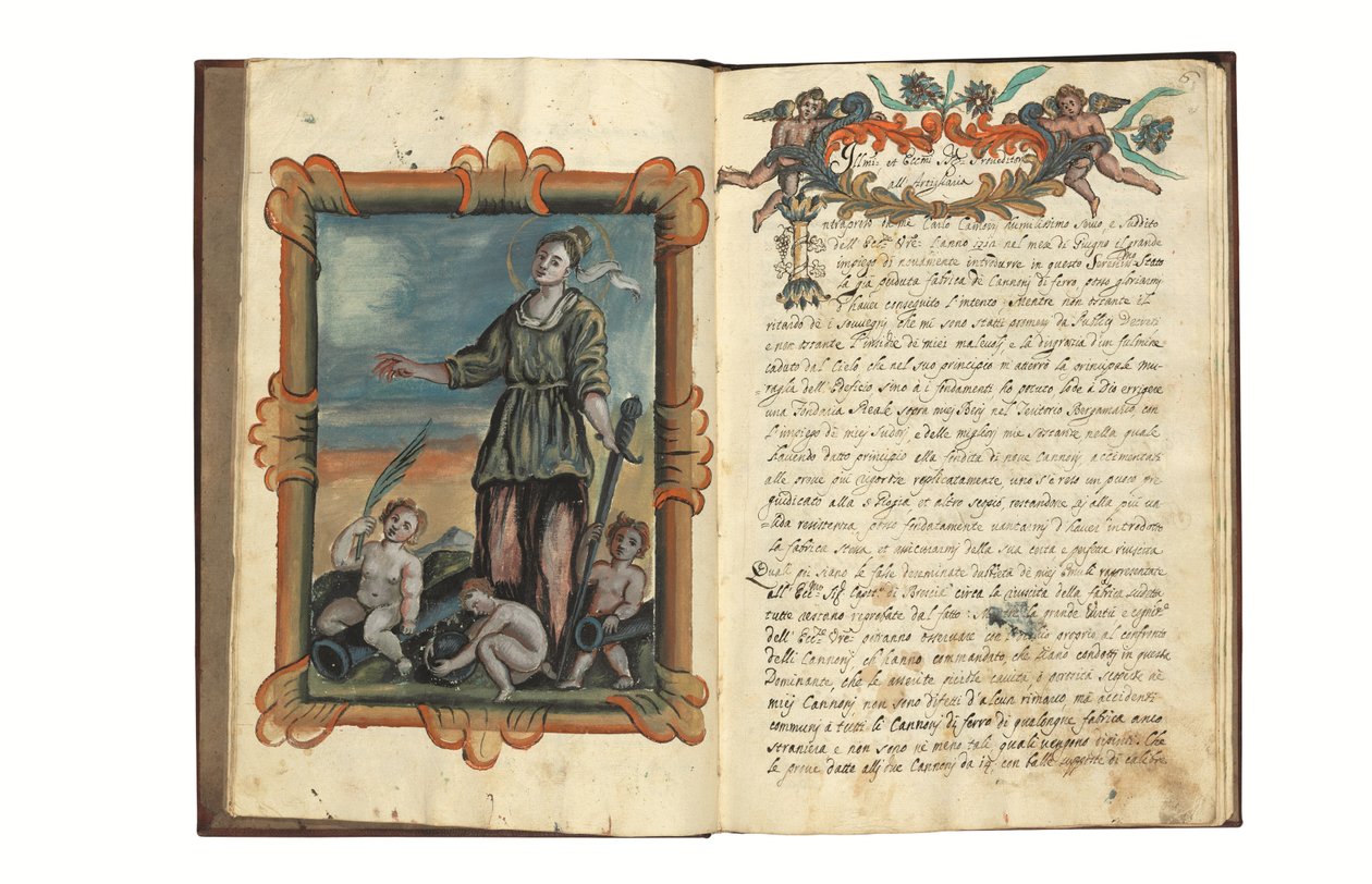 Om fremstilling af kanoner til Republikken Venedig af Carlo Camozzi di Bergamo (fl.1712), på italiensk og latin, illustreret manuskript på papir, Venedig, første halvdel af det 18. århundrede (blæk og farve på papir) af Italian School