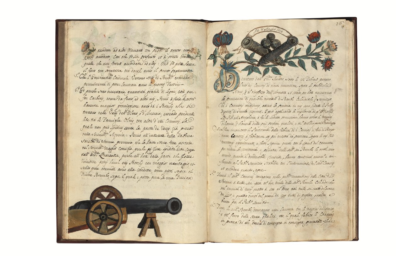Om fremstilling af kanoner til Republikken Venedig af Carlo Camozzi di Bergamo (fl.1712), på italiensk og latin, illustreret manuskript på papir, Venedig, første halvdel af det 18. århundrede (blæk og farve på papir) af Italian School