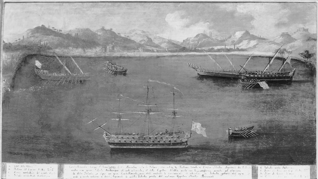 En af den berømte sømands, Mattio Ivanovich da Dobrotas flådeudnyttelse, ca. 1730 af Italian School