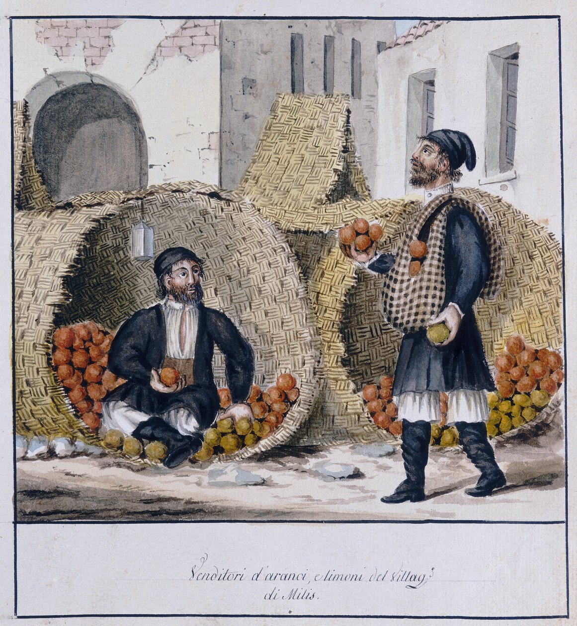 Appelsin- og citronsælgere fra Milis på Sardinien, trykt ms.258, Luzzetti Collection af Italian School