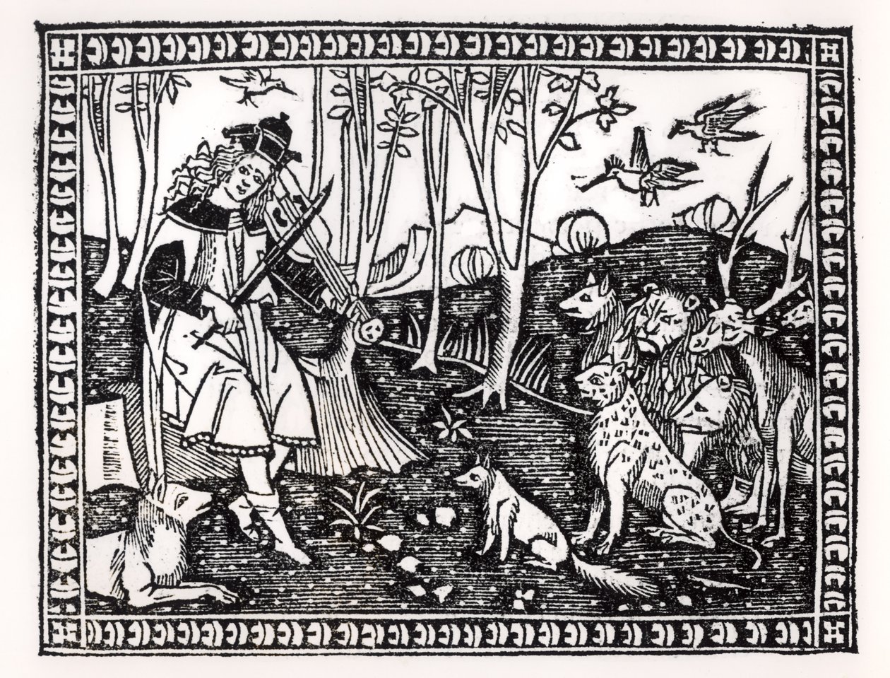 Orpheus Playing to the Animals, 1500 (træsnit) (bw foto) af Italian School