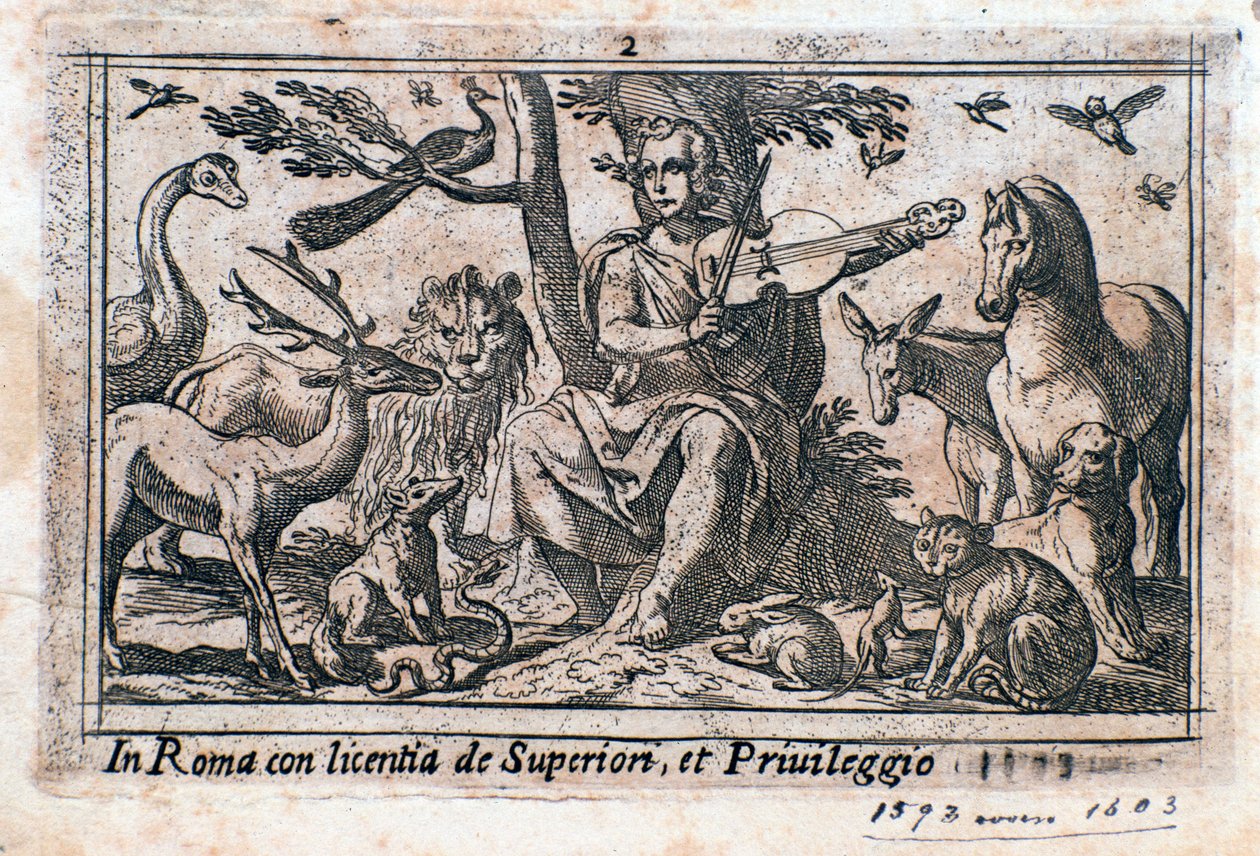 Orpheus leger blandt dyr. (træsnit af Italian School