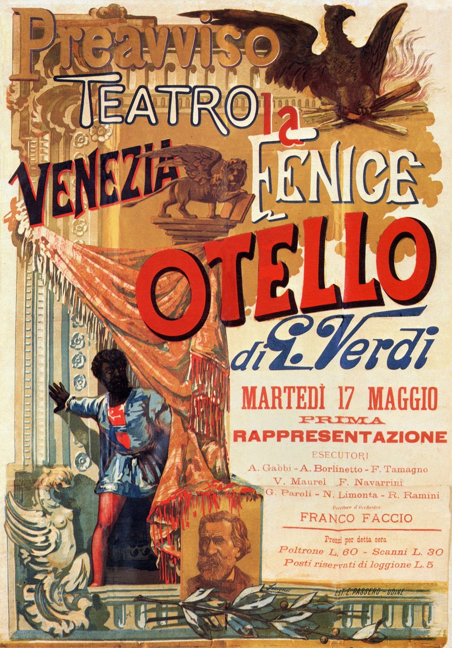 Otello: Plakat for første opførelse af Verdis opera Otello på Teatro Fenice i Venedig af Italian School