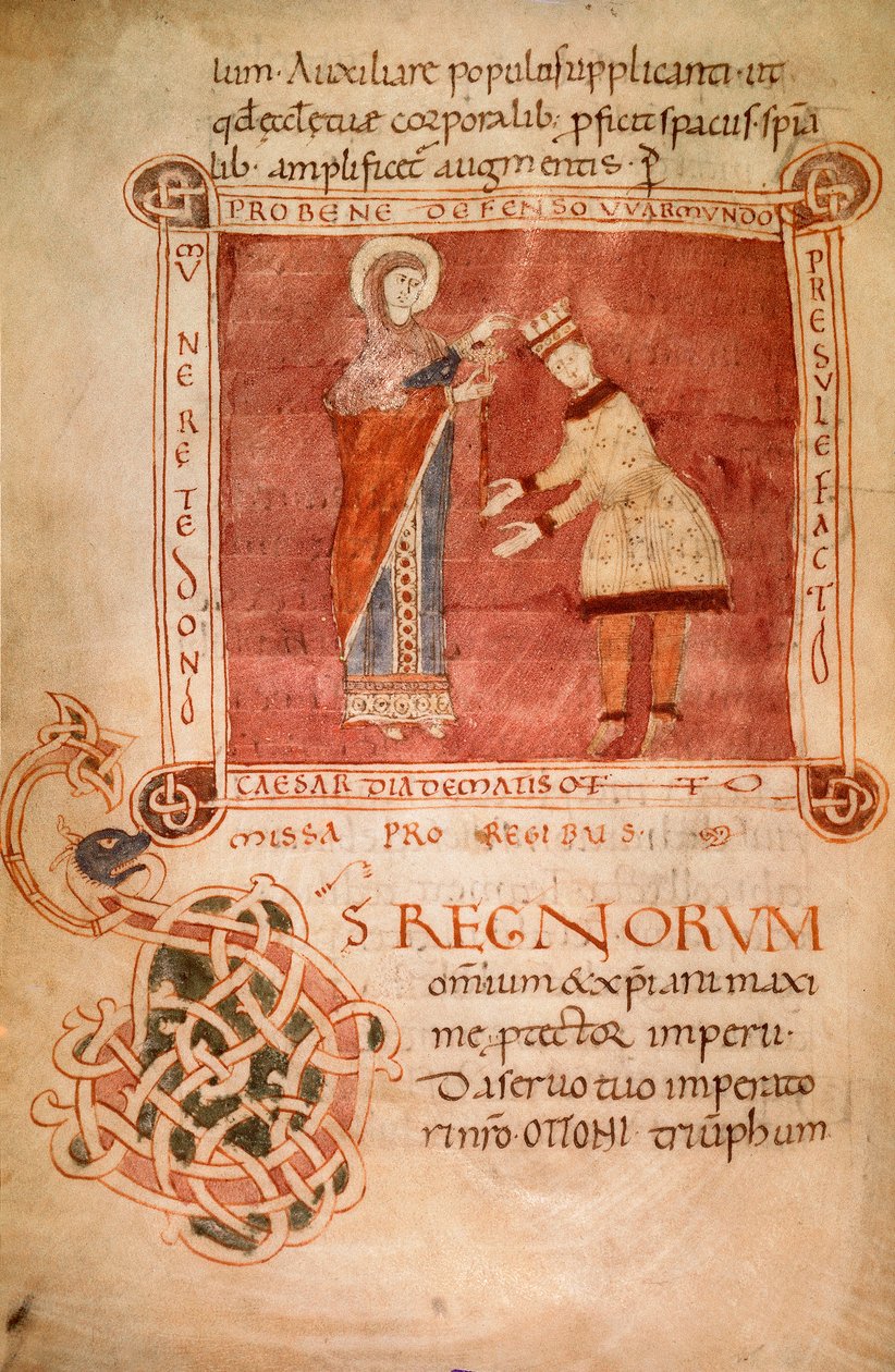 Otto I kronet af Jomfru Maria, fra biskop Warmondos sakramentar (vellum) af Italian School