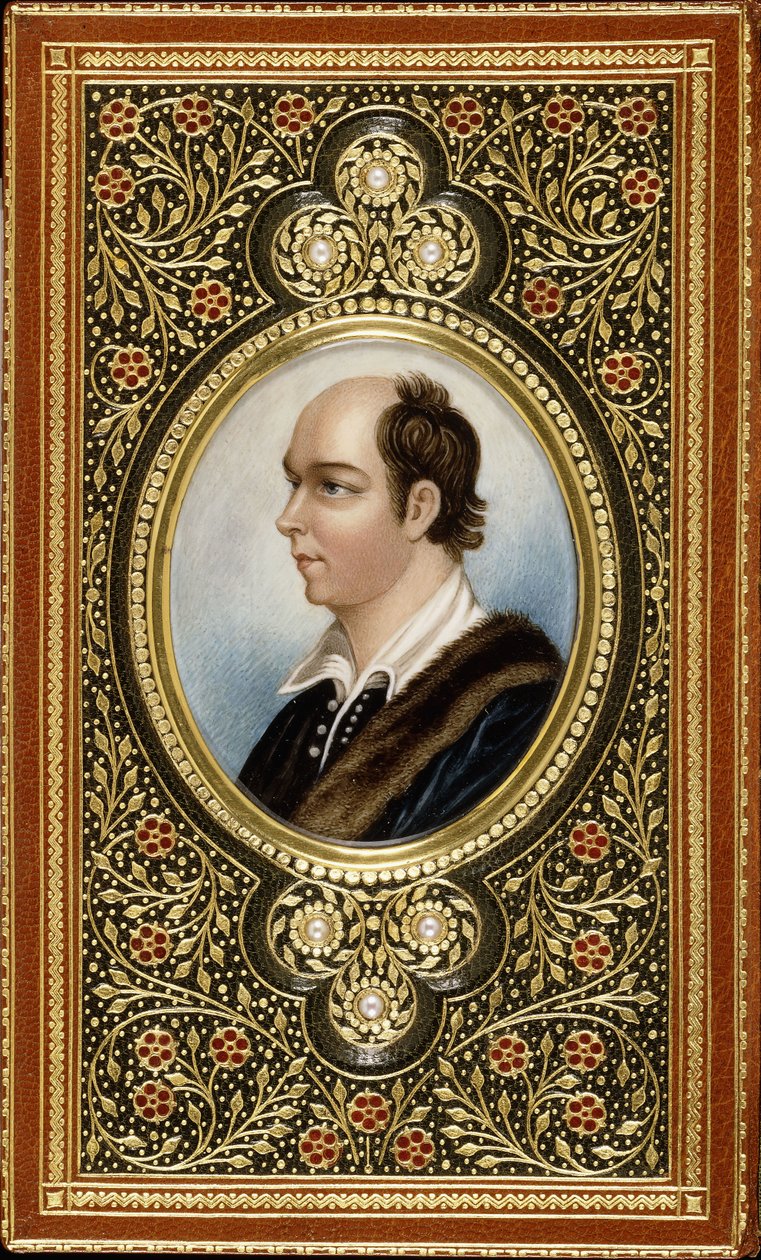 Oval miniature portrait of Oliver Goldsmith, framed with gilt trefoils set with three pearls, 1831dani af Italian School