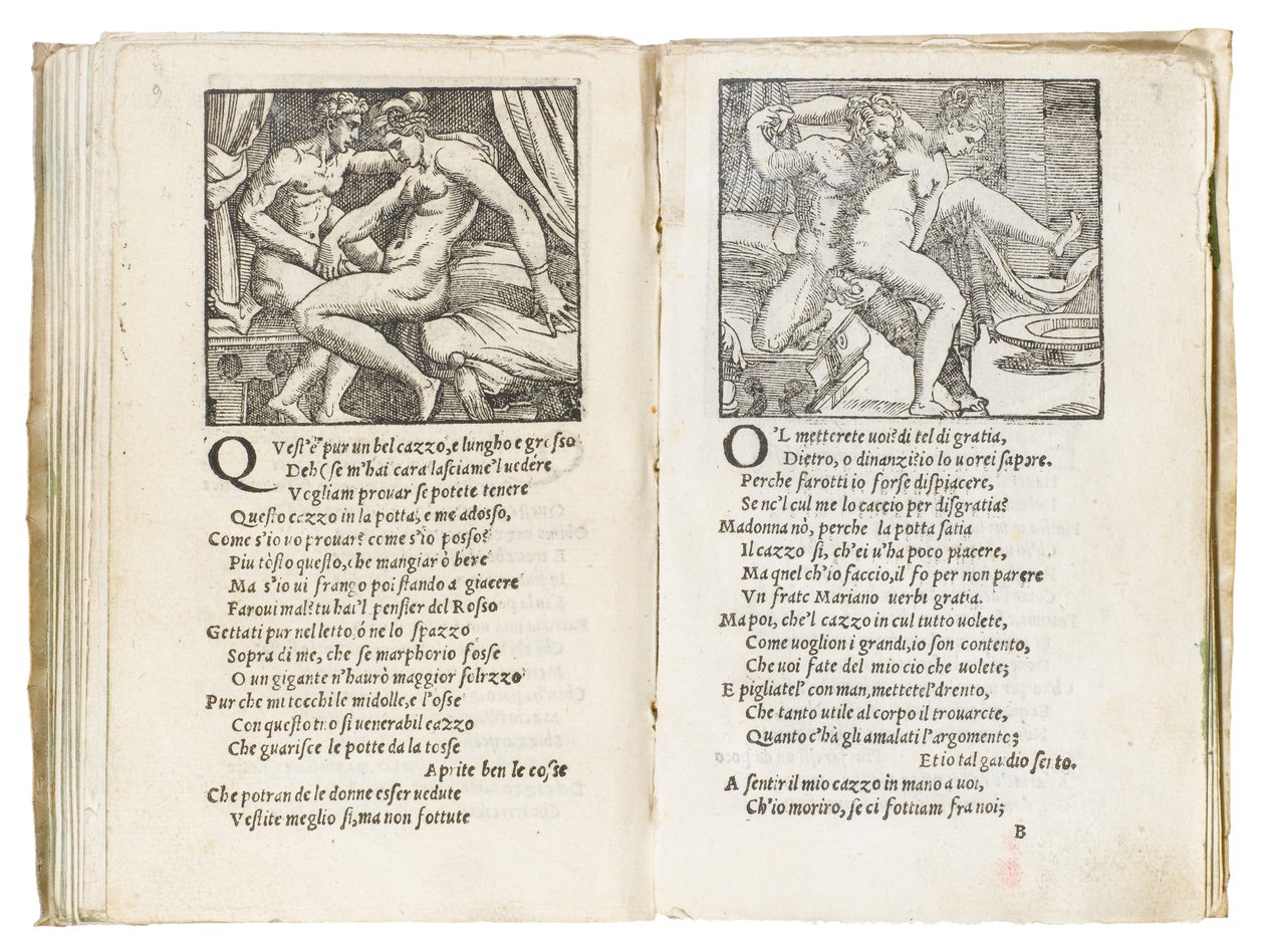 Page from "Sonetti Lussuriosi" by Pietro Aretino, illustrated by Giulio Romano and engraved by Marcantonio Raimondi, published Venice, c.1527dani af Italian School