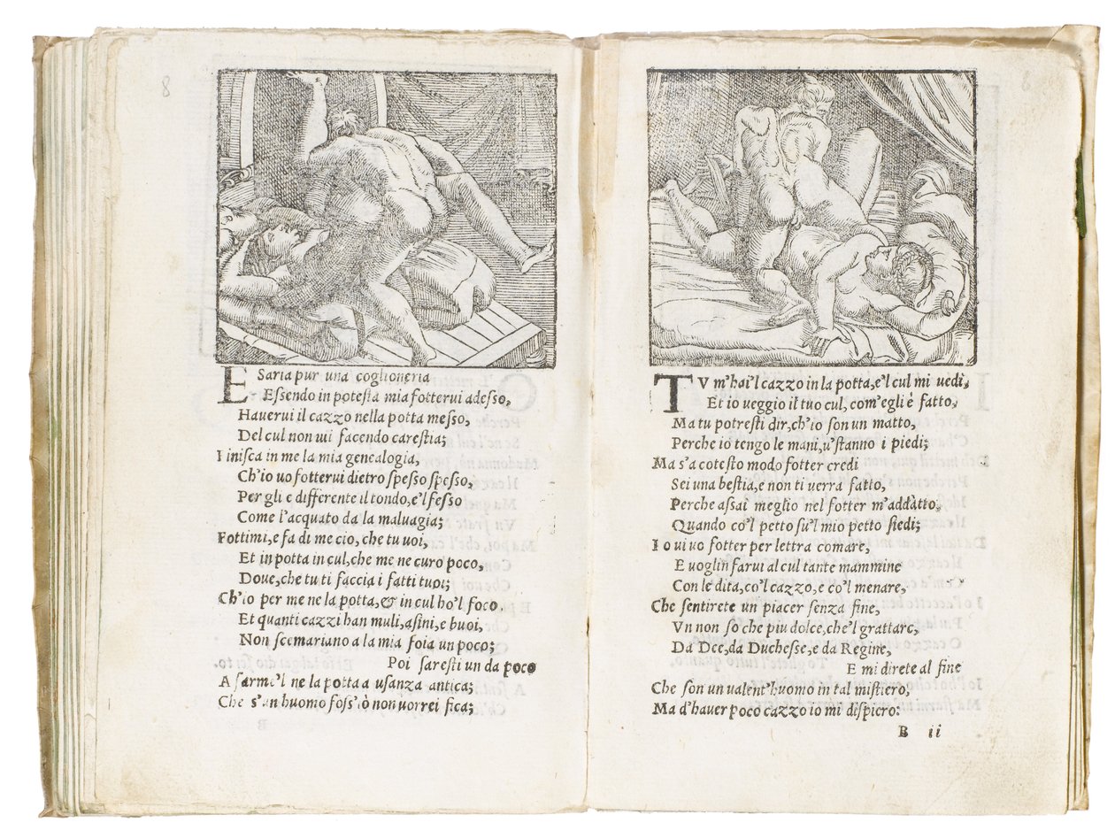Side fra "Sonetti Lussuriosi" af Pietro Aretino, illustreret af Giulio Romano og indgraveret af Marcantonio Raimondi, udgivet Venedig, ca. 1527 af Italian School