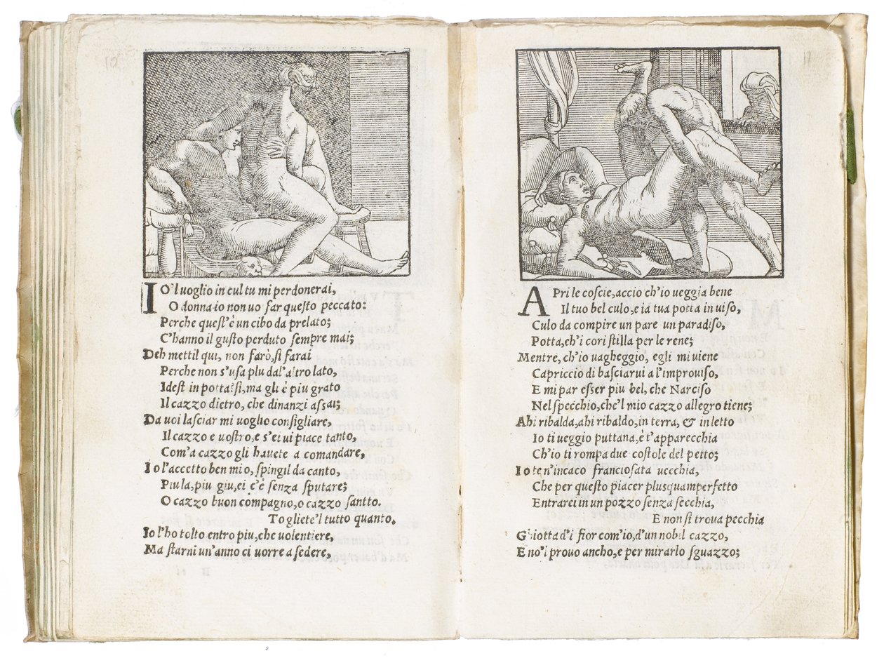 Side fra "Sonetti Lussuriosi" af Pietro Aretino, illustreret af Giulio Romano og indgraveret af Marcantonio Raimondi, udgivet Venedig, ca. 1527 af Italian School