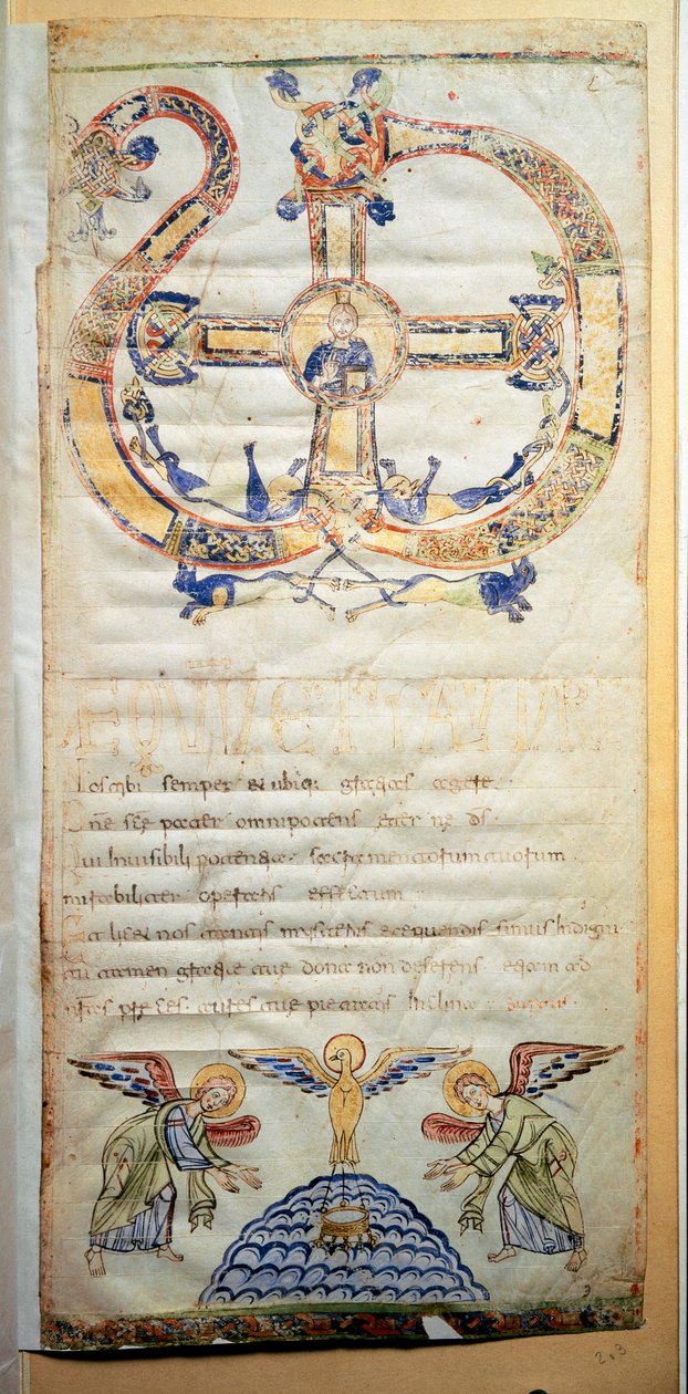 Side af et pavebrev, der indeholder bønner og ceremonier, der skal udføres af Eveque (Ms.724/1-Carta3) Et manuskript fra det 10. århundrede. Rom, Biblioteca Casanatense af Italian School