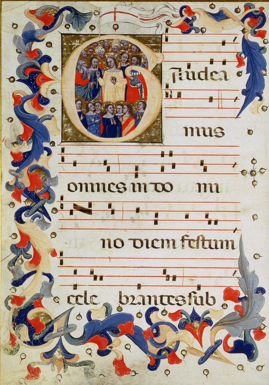 Side med musiknotation med et historisk initialt G, der viser en gruppe helgener med St. Ursula i midten, Bolognese Skole af Italian School