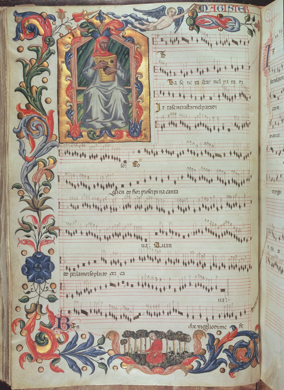 Side med musiknotation med historisk initial, fra Squarcialupi Codex, produceret i det florentinske kloster S. Maria degli Angeli (vellum) af Italian School