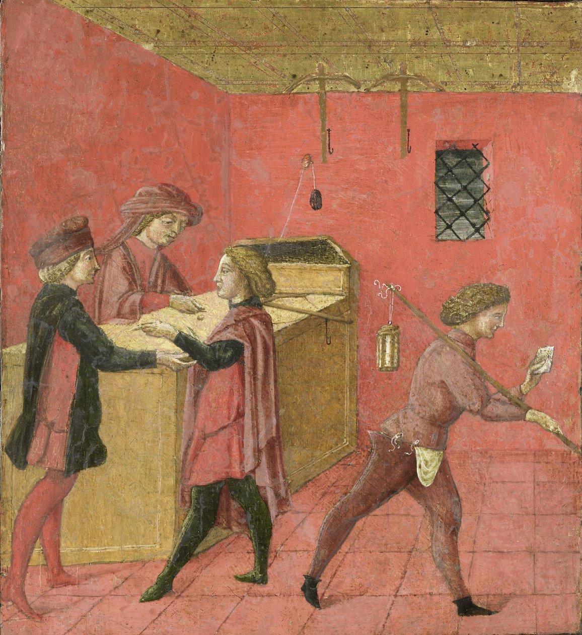 Udbetaling af løn til nattevagterne i Camera del Comune of Siena, 1440-60 (tempera på panel) af Italian School
