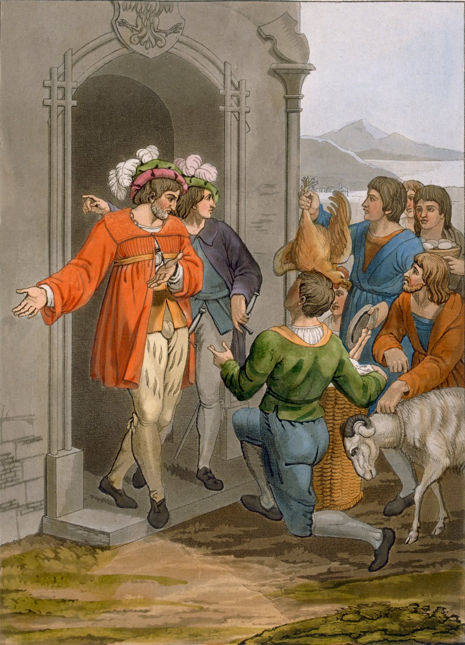 Bønder giver tiende, alperegion, ca. 1800-18 af Italian School
