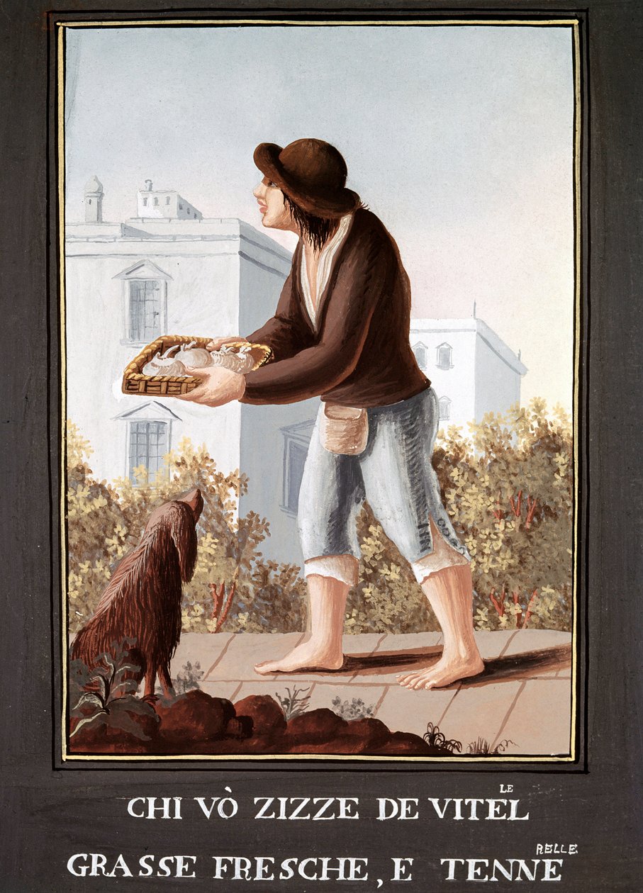 Petites Metiers Neapolitans: koens yver sælger - (Gammel handel: køers yver sælger) Akvarel fra det 19. århundrede - Napoli Museo Nazionale di San Martino af Italian School