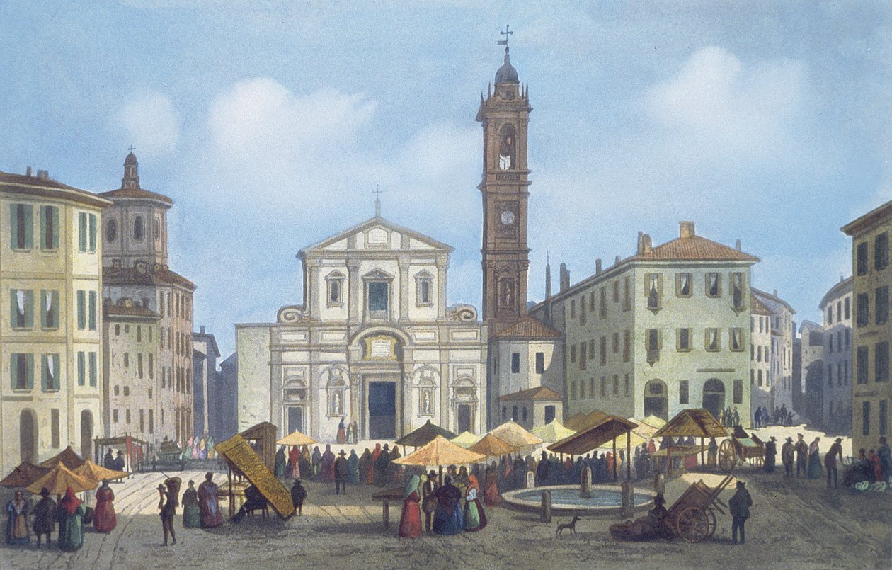 Piazza Santo Stefano fra Udsigt over Milano og omegn af Italian School