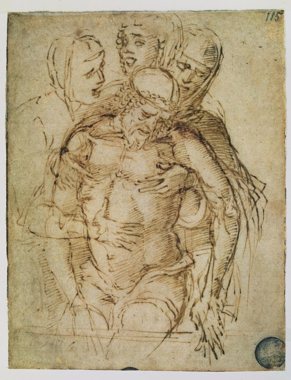 Pieta, tilskrevet enten Giovanni Bellini (ca. 1430-1516) eller Andrea Mantegna (1430-1516) (pen og blæk på papir) af Italian School