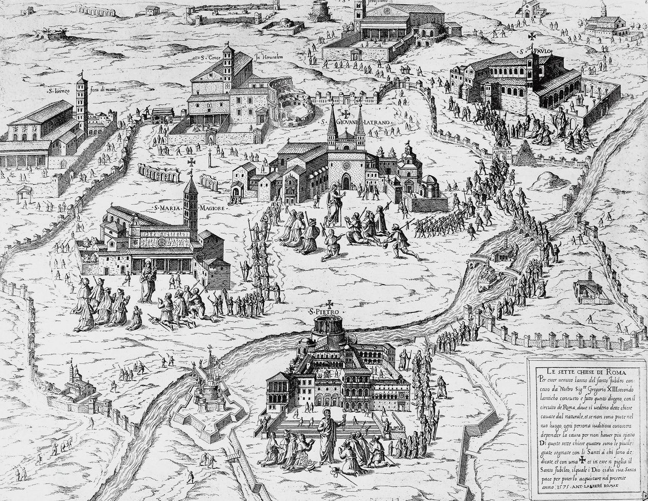 Pilgrimme besøger Roms syv kirker i det hellige år 1575, gravering, Italien af Italian School