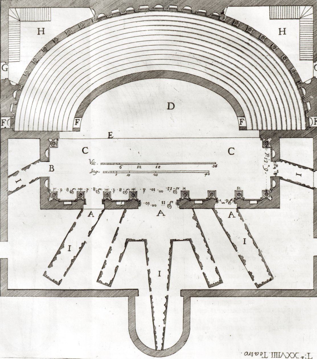 Plan over det olympiske teater, Vicenza, designet af Andrea Palladio (1508-80) bygget i 1580-85 af Italian School