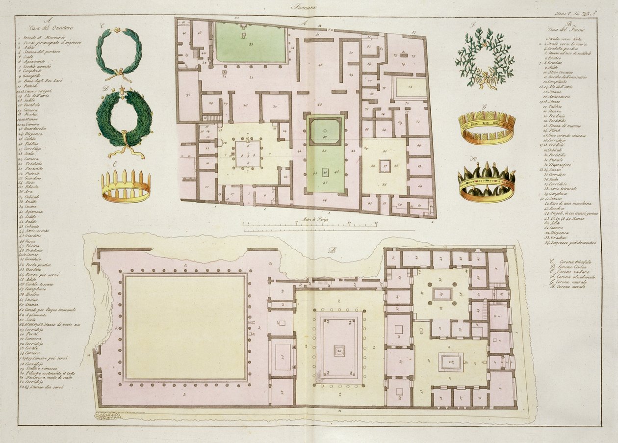 Planer af Questorens Hus og Faunens Hus, Pompeji, plade 25A, klasse 5 fra Del I af Nationernes Historie (akvatint) af Italian School