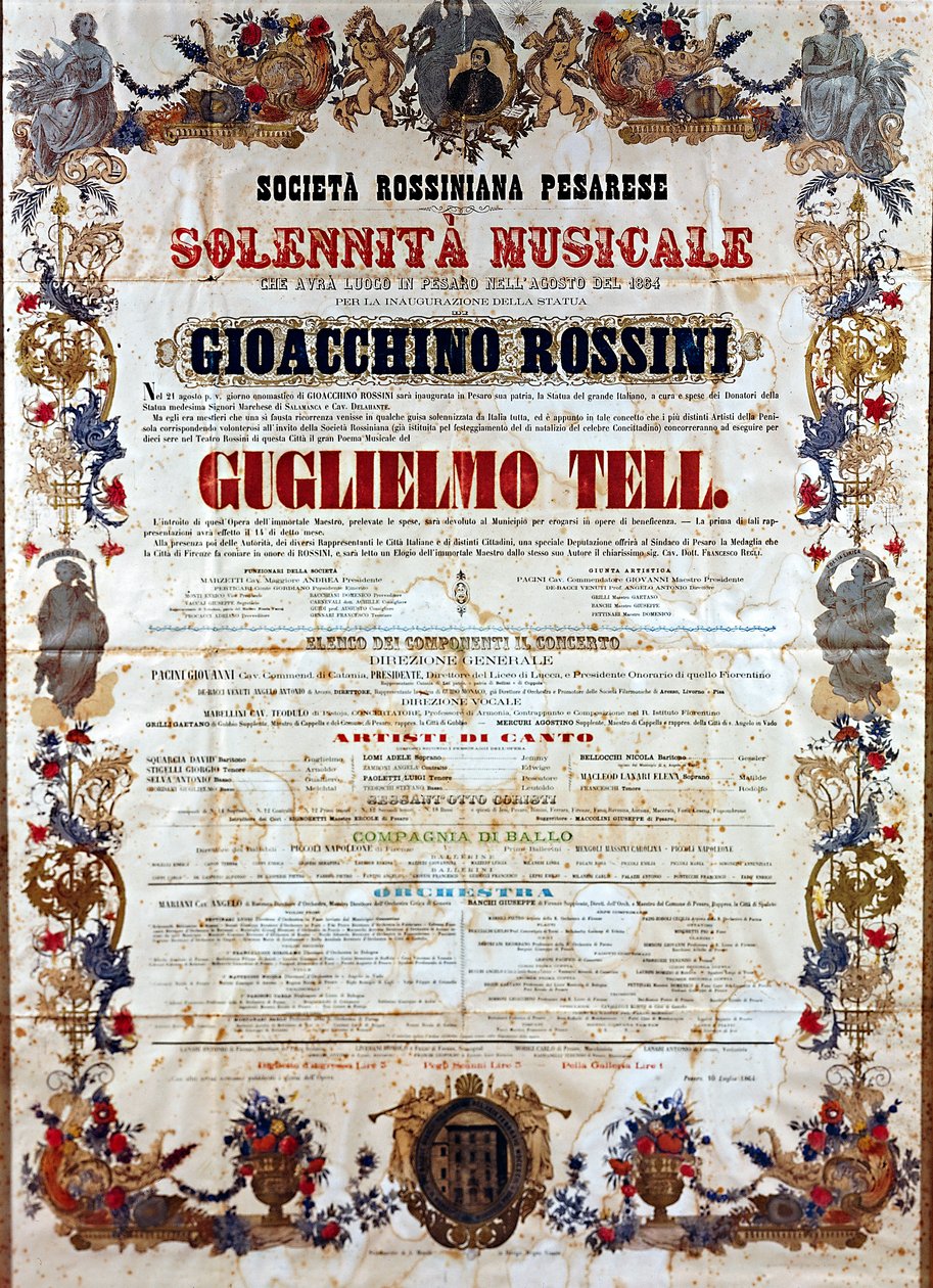 Playbill for Guillaume Tell, operaen af ​​Gioachino Rossini, ca. 1864 (farve litho) af Italian School