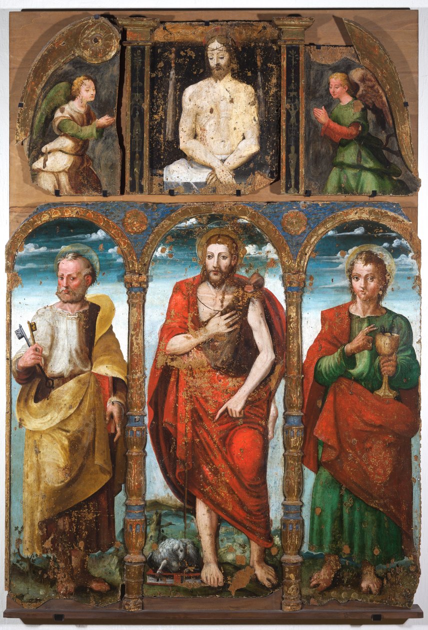 Polyptykon af Johannes Døberen med Peter og evangelisten Johannes, første halvdel af det 16. århundrede (tempera på panel) af Italian School