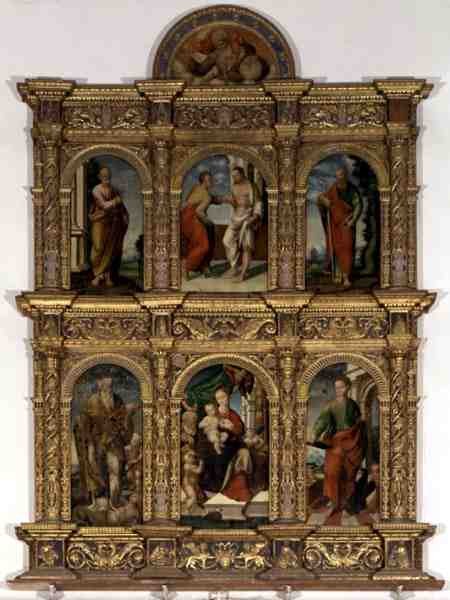 Polyptykon, der viser Madonnaen og barnet med helgener (olie på panel) af Italian School