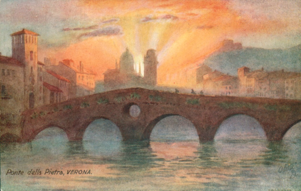 Ponte Pietra, den ældste romerske bro, Verona, Italien (farvelitografi) af Italian School