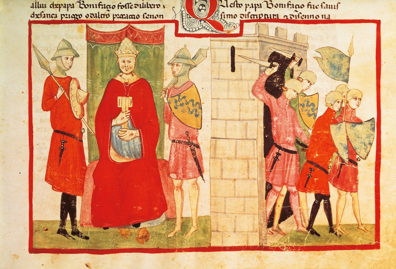 Pave Boniface VIII i Anagni og udvisningen af Sciarra Colonna (Giacomo Colonna) fra byen, miniature fra Giovanni Villanis krønike, manuskript Chigi L VIII 296 folio 176 recto, Italien 14. århundrede. af Italian School
