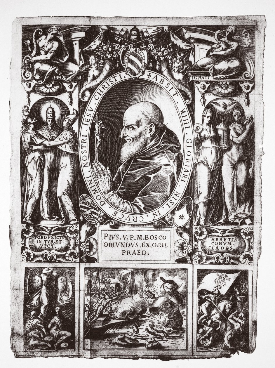 Pave Pius V, med vignetter fra slaget ved Lepanto, fra Vita del Gloriosissimo Papa Pio Quinto, pub. 1586 af Italian School