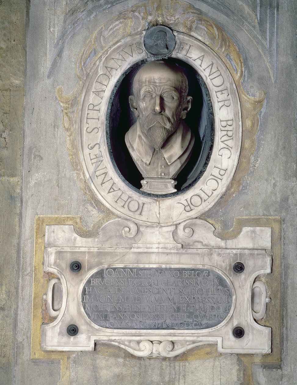 Portrætbuste af Joannes Stradanus, flamskfødt maler, tegner og gobelindesigner, født Jan van der Straet i Brugge, arbejde i Italien, også kendt som Giovanni Stradano (1523-1605) (marmor) af Italian School