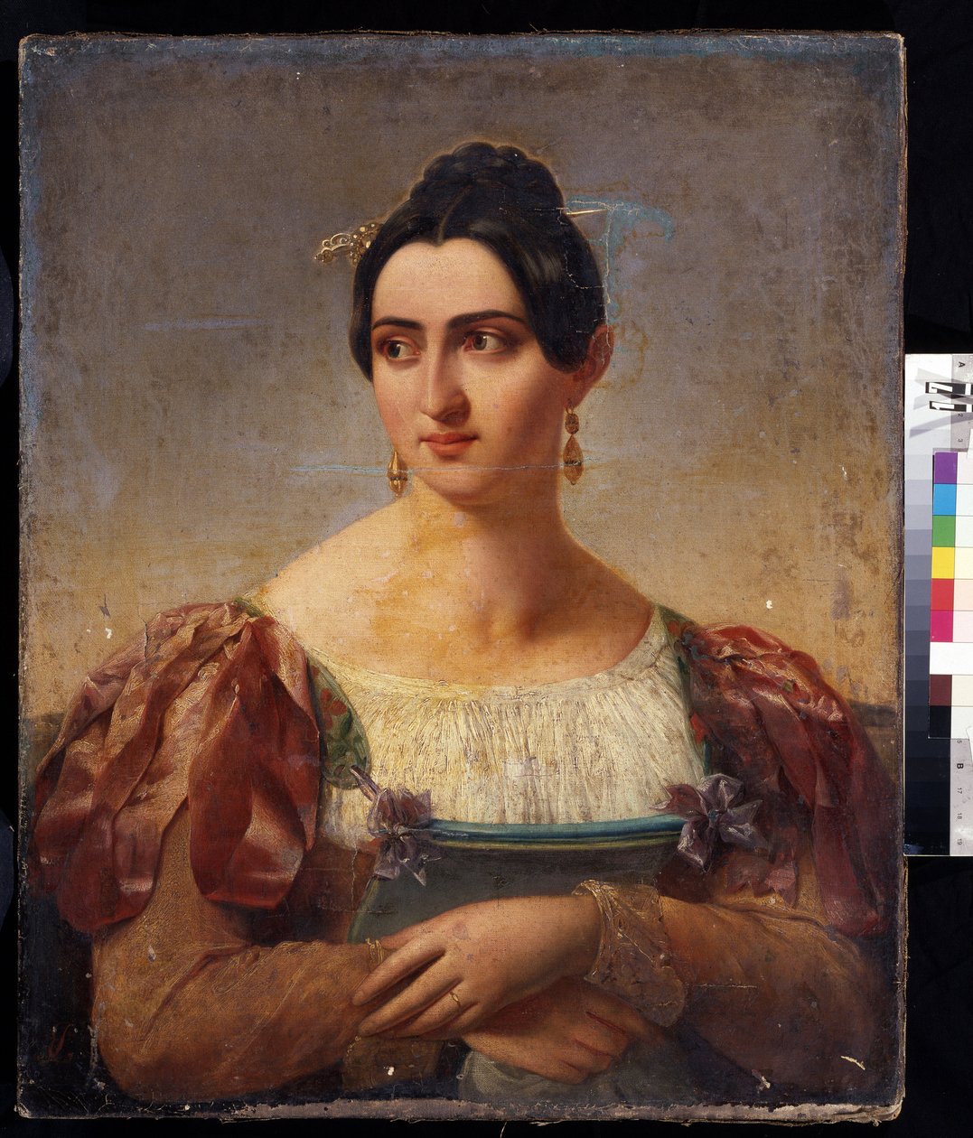 ""Portræt af en kvinde"" (Kvindeportræt) Ung kvinde af den italienske adel, klædt i en kjole med bånd på skuldrene. Maleri af den italienske skole fra begyndelsen af ​​1800-tallet. Pushkin Museum, Moskva af Italian School