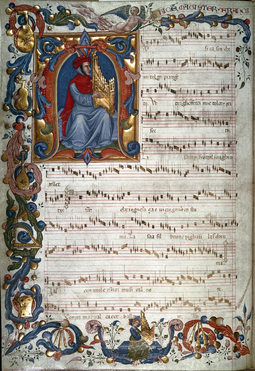 Portræt af Francesco Landino og et partitur, illustration fra "The Squarcialupi Codex", ca. 1325-35 af Italian School