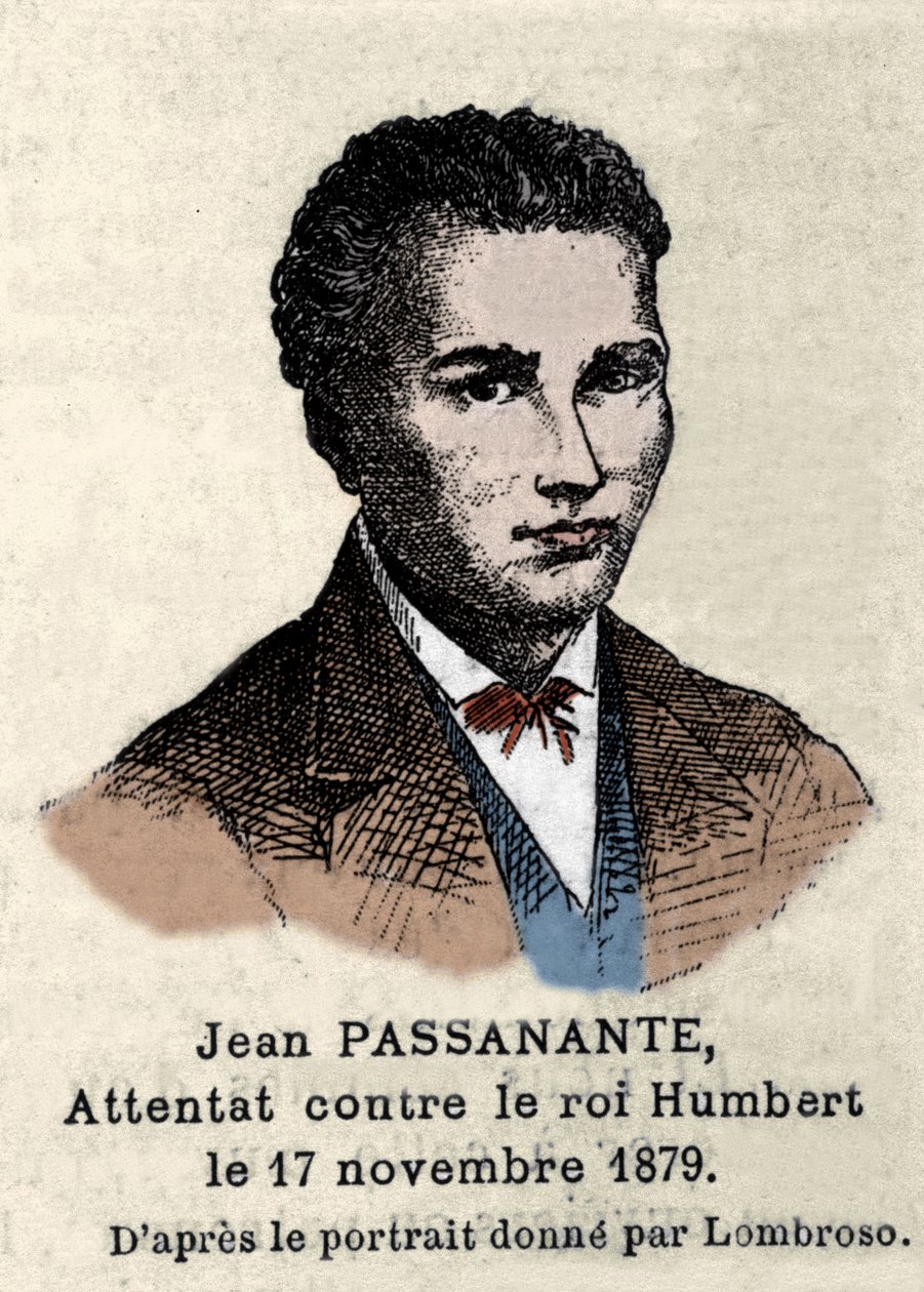 Portræt af Giovanni Passannante (1849-1910), der udførte angrebet på den italienske konge Umberto I (Humbert I) i Napoli i 1878 efter portrættet tegnet af Cesare Lombroso (1835-1909). Denne begivenhed inspirerede digteren Giovanni Pascoli (1855-1912) i en af Italian School