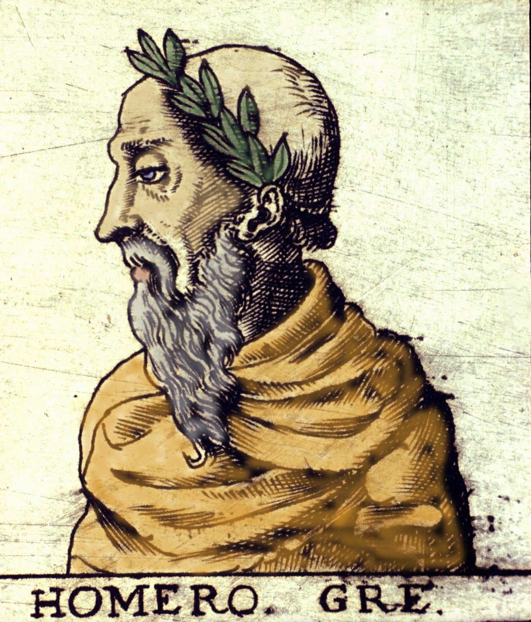 Portræt af Homer (9. århundrede f.Kr.). Gravering af 1560 fra Atlas of Urbano Monte af Italian School