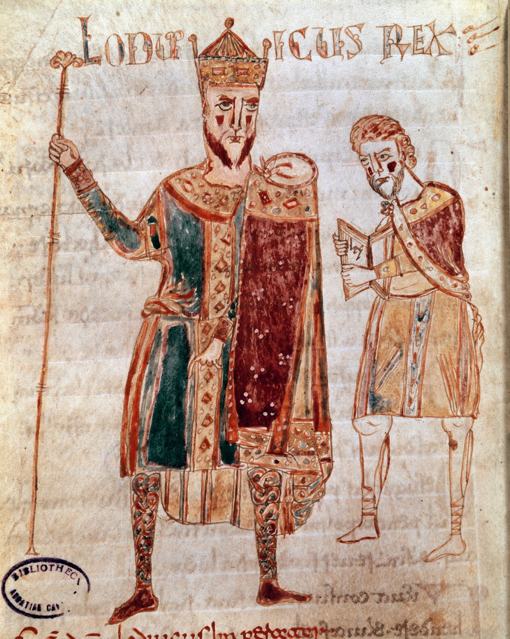 Portræt af Ludvig I den fromme (778-840), konge af Frankrig Manuskriptside (ms. 4) "Codex Legum Longobardorum" (eller Langobardorum), der beskriver lovene i det langobardiske rige etableret af kong Rothari af Italian School