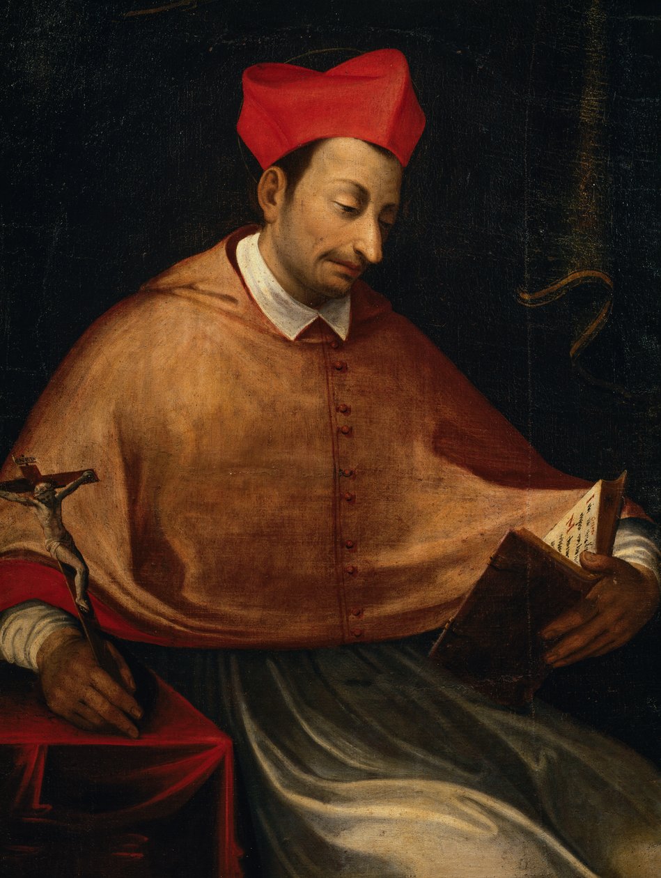 Portræt af St. Charles Borromeo (1538-1584), italiensk ærkebiskop og kardinal, maleri af anonym, San Carlos kirke, Arona, Piemonte, Italien af Italian School