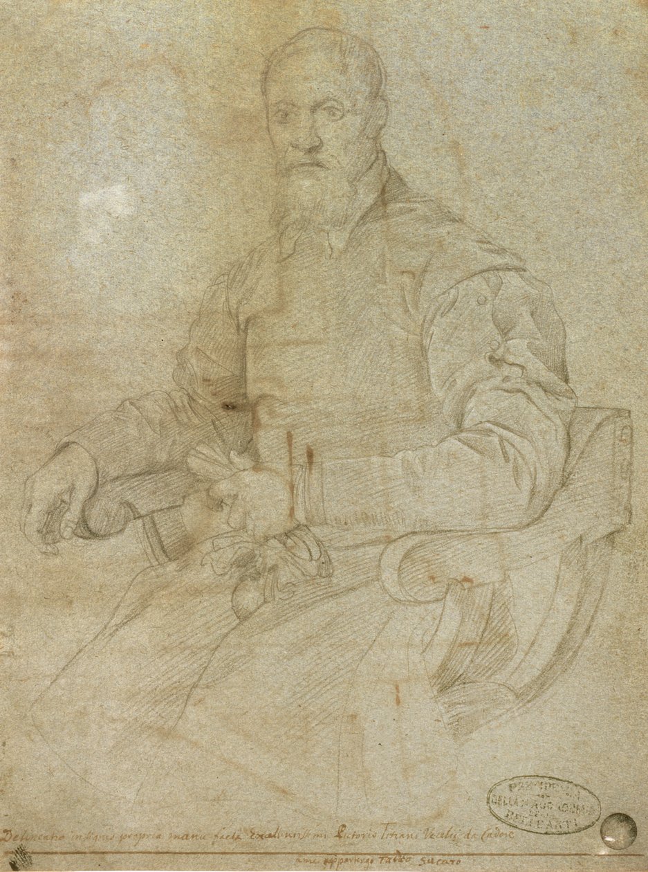 Portræt af Tizian (Tiziano Vecellio) (ca. 1485-1576) Romersk skole (kul på papir) af Italian School