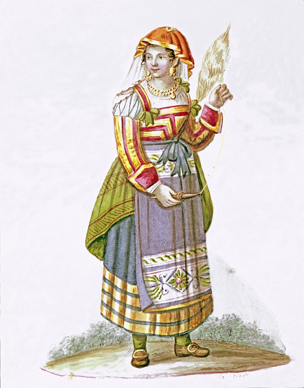 Portræt af en ung kvinde fra Pietracanale i regionen Abruzzo, i traditionel dragt, Italien - (Ung kvinde fra Pietracanale, Abruzzo) Akvarel Museo Nazionale di San Martino Napoli 1800-tallet af Italian School