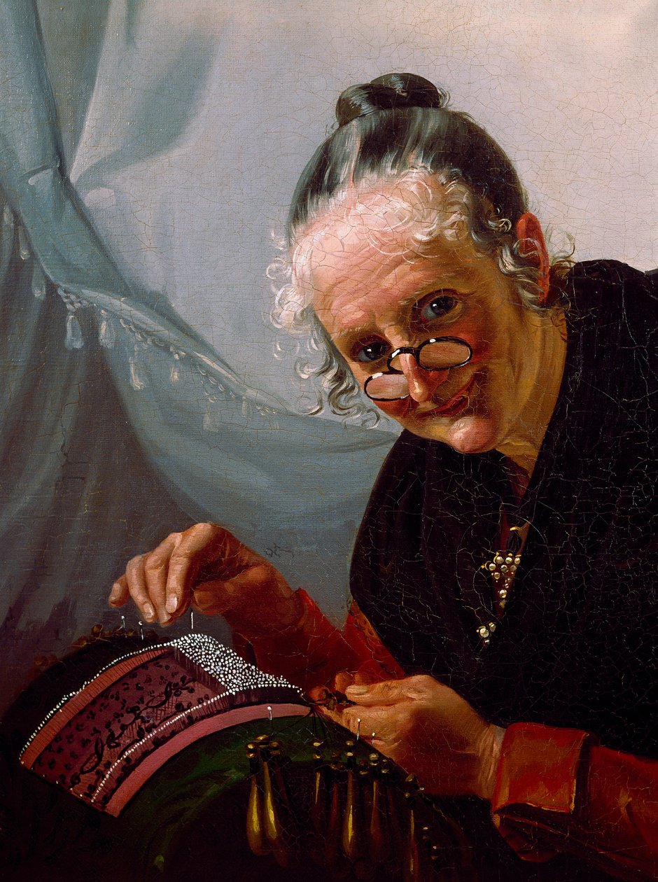 Portræt af blonder En gammel kvinde smilende med et par lorgnoner foran sit arbejde. Maleri af den venetianske skole. Venedig fra det 19. århundrede, Correr museum af Italian School