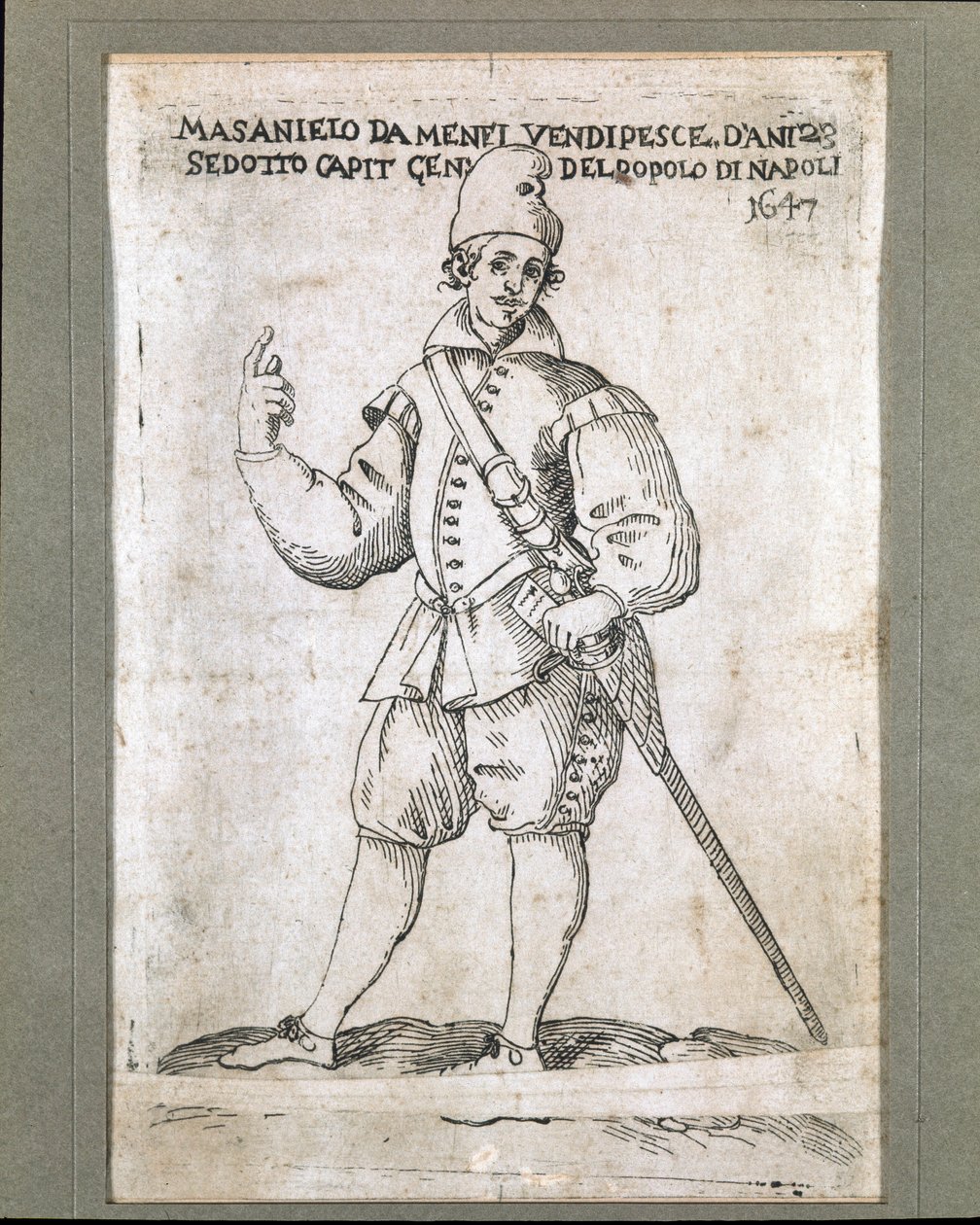 Portræt af den napolitanske fisker og revolutionære Masaniello (1623-1647) (Portræt af Masaniello, napolitansk fisker og leder af oprøret mod habsburgernes styre i Napoli i 1647) Indgravering af det 17. århundredes Museo Nazionale di San Martino Napoli af Italian School