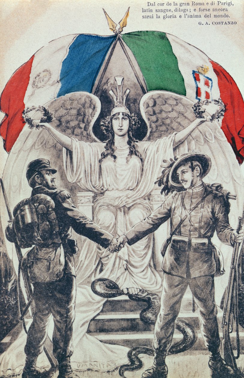 Postkort, der fejrer alliancen mellem Frankrig og Italien under Første Verdenskrig af Italian School