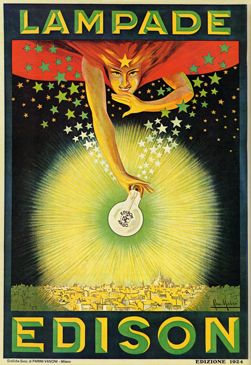 Plakat med reklame for Edison-pærer, Milano, Italien af Italian School