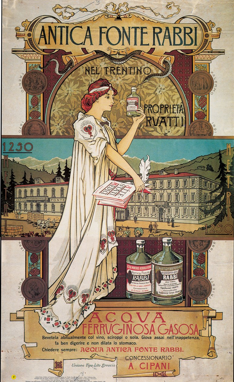 Plakat, der reklamerer for lægevand fra Antica Fonte di Rabbi i Trentino af Italian School